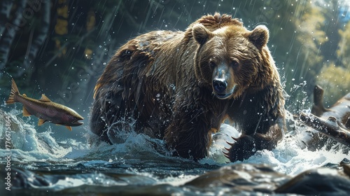 Bear Fishing in the Wild, Document a bear standing in a rushing river, focused on catching a leaping salmon, illustrating its natural hunting instincts