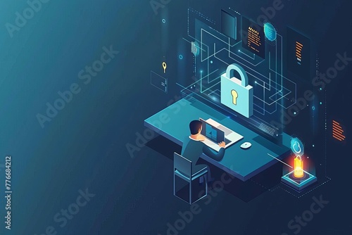 Businessman using laptop to access confidential employee data with padlock icon, cyber security concept illustration