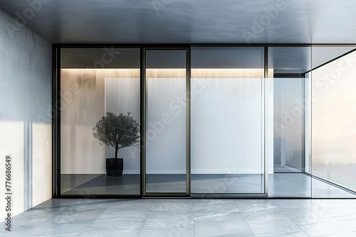 Sleek minimalist entryway with frameless glass sliding door, luxury villa interior, digital illustration
