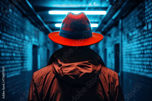 Mysterious man wearing a red hat in a hallway lit by blue neon light, anonymous person incognito in a dark alley