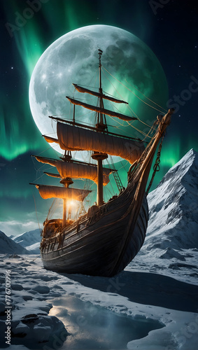Epic Viking Voyage Valhalla Ship Soars Through Aurora Northern Lights to the Moon