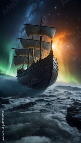 Journey to Valhalla Viking Ship Surrounded by Auroras and Ionization