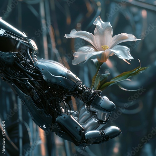 Cybernetics arm holding a delicate flower