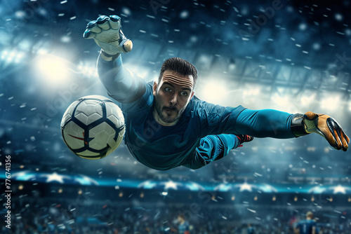 A determined European soccer goalkeeper showcases heroic athleticism with a spectacular diving save, cheered on by fans and teammates amidst the dramatic stadium backdrop.