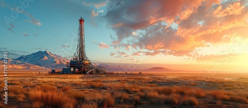 Drilling Rigs Silent Majesty Awaits Action in a Vast Desert Landscape