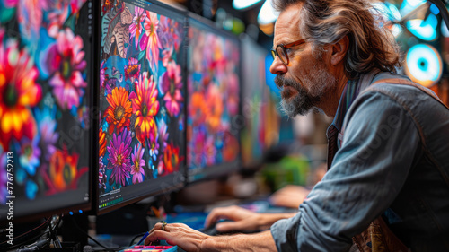 an artist working on coloring book designs using a calibrated monitor.generative ai