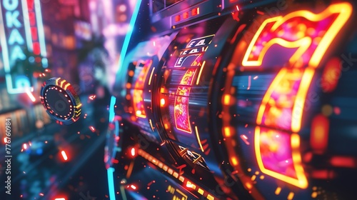 Cinematic shot of a casino slot machine with the neon number "7", with a casino background and motion blur