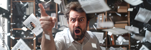 Frustrated Man Reacting to Defamatory Newspaper Headline in Office Chaos