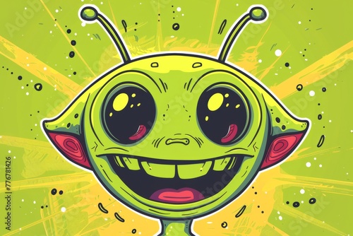 Cartoon cute doodles of an excited alien's face with antenna and a wide smile, Generative AI