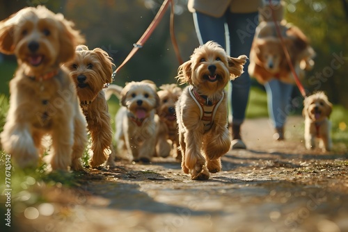 Dog Walker Leads Joyful Pack of Playful Puppies on Leisurely Outdoor Stroll Promoting Exercise and Socialization for Furry Friends