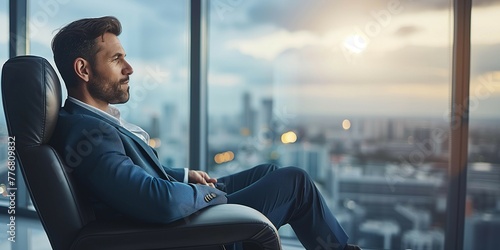 A handsome businessman sits in an office chair and looks at the city view through a window.