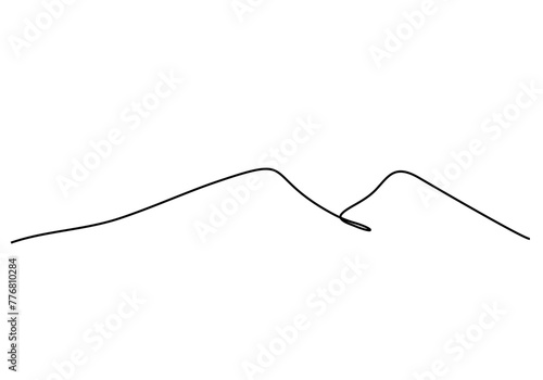 One continuous line drawing of mountain range landscape. Web banner with mounts in simple linear style. Adventure winter sports concept isolated on white background. Doodle vector illustration