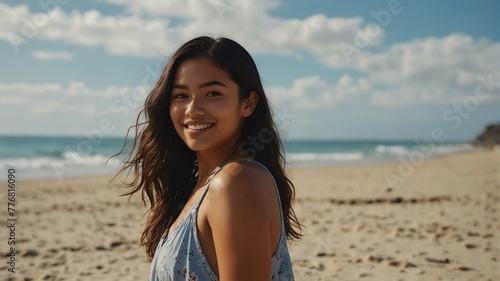 young pacific islander woman on bright summer beach vacation background smiling happy looking at camera with copy space for banner backdrop from Generative AI