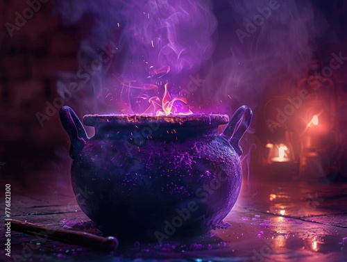 Hyper-realistic witch's cauldron simmering with a mysterious potion, under dim, atmospheric lighting