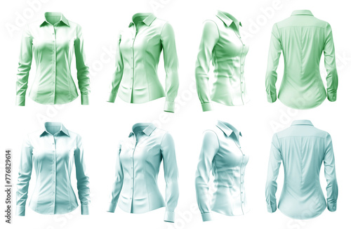 2 Set of woman pastel green turquoise blue button up long sleeve collar slim fitting shirt front, back side view on transparent background cutout, PNG file. Mockup template for artwork graphic design