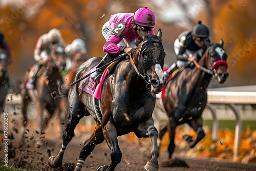 Jockeys on racehorses compete in a horse race on a dirt track, capturing the speed and excitement of the sport. 