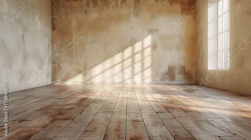 Sunlight casts geometric shadows across an empty room with rustic walls and a wooden floor, conveying a sense of solitude and tranquility. 