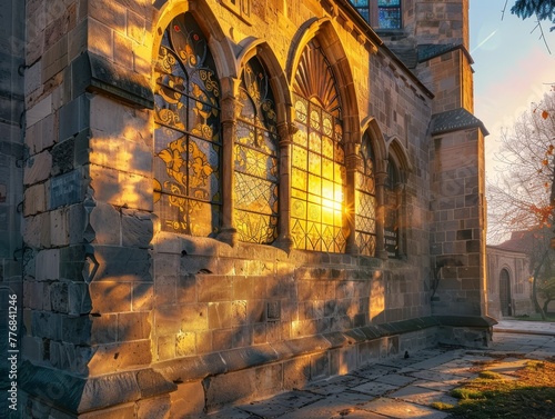 An aged, Gothic church with a grand stone doorway stands as a historic landmark in a European old town