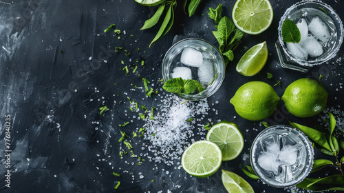 Fresh limes and mint with ice cubes in drinking glass on dark surface