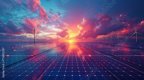 A breathtaking sunset horizon over a solar panel field with wind turbines generating sustainable energy against a dynamic sky 