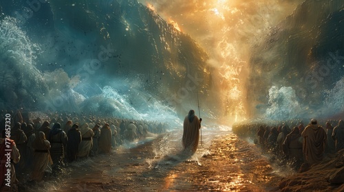 Army crossing magical sea with glowing staff in epic fantasy scene