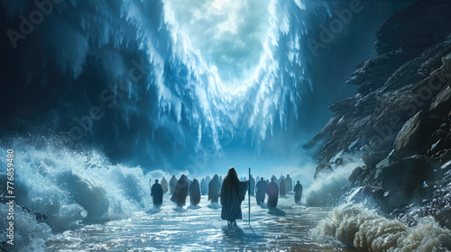 Army crossing magical sea with glowing staff in epic fantasy scene