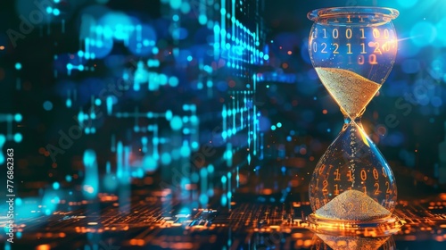 A digital hourglass with binary sand measures critical time in cybersecurity response, showcasing the importance of swift, timely measures against a vivid backdrop of cyber data.