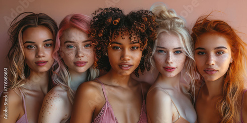 A group of women with different hair colors and styles pose for a photo. Scene is one of unity and diversity, as the women come together to celebrate their differences and similarities
