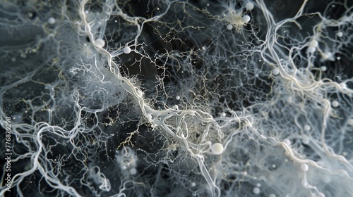 A topdown view of a colony of fungal hyphae resembling a web of white threads spreading and expanding across the surface of a culture