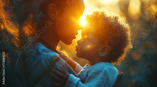 A mother and child are embracing each other in a field of flowers. The sun is setting in the background, casting a warm glow over the scene. Concept of love and warmth between the two