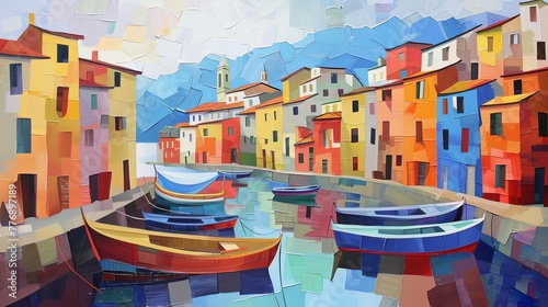 Visualize a Mediterranean seaside village with colorful houses and boats lining the shore Apply a cubist style