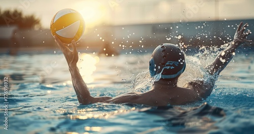 Elegance in Action - Water polo player reaching the ball in swimming pool