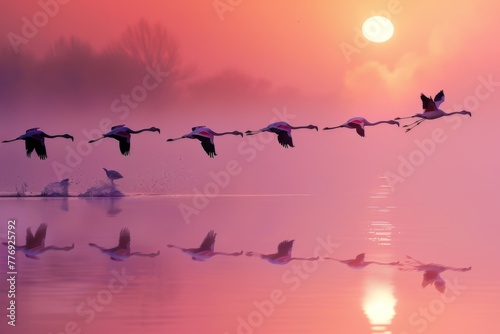 Flamingos in Flight at Misty Sunrise Over Calm Waters. 
