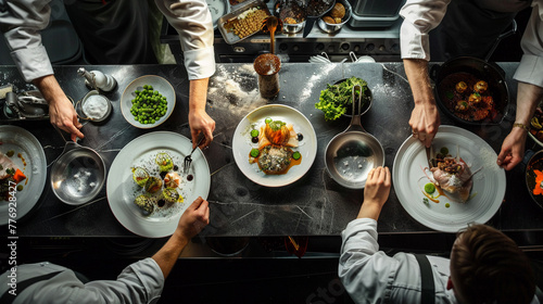 From above, witness the allure of haute cuisine with a restaurant dish that's a feast for the eyes, combining fine ingredients and artistic plating, perfect for showcasing culinary excellence.