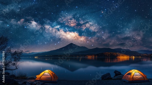 Travel Camping tents beside the lake, Milky way, blue night sky, mountain is the background