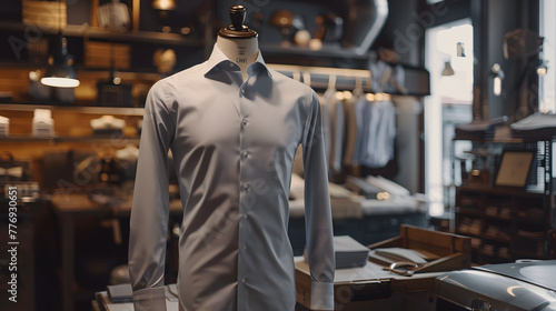 Men's shirt in the form of grey suits on a mannequin in the atelier, Elegant gray suit on a mannequin in a tailor's atelier. Men's fashion and bespoke tailoring concept for design and advertising