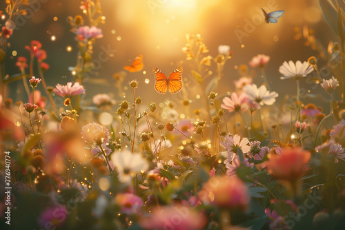 Flowers and butterflies in a magical garden with sunlight