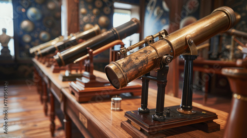 A collection of classic brass telescopes thoughtfully displayed in a vintage museum setting with warm lighting