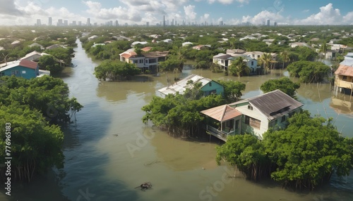 Flooded urban neighborhood with houses half submerged and mangroves flourishing in the streets, the effects of climate change, a future without humans