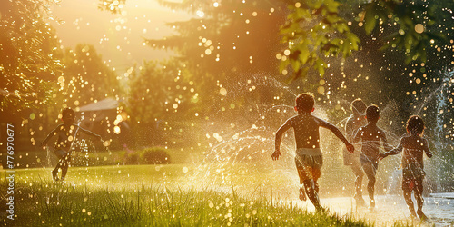 Children playing in sprinkler on sunny day