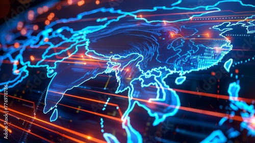a digital world map of asia with continents outlined by glowing lights, symbolizing global connectivity and technological advancement.