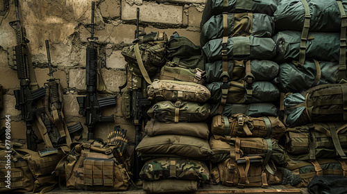 A detailed display of equipped military backpacks and assault rifles leaning against a rough wall illustrating preparedness