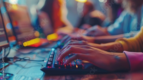 Close-up of hands typing on keyboards simultaneously, illustrating efficient teamwork in a tech-savvy environment.