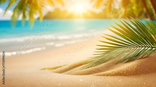 Beautiful-background-for-summer-vacation-and-travel--Golden-sand-of-tropical-beach--blurry-palm-leaves-and-bokeh-highlights-on-water-on-sunny-day