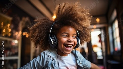 A young Afro boy 14 years old enjoying music in her cozy living room, wearing headphones and dancing with a carefree and joyful expression, capturing the essence of a relaxed and stylish lifestyle
