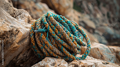 Beautiful image of coiled climbing ropes on the rugged terrain of a rock face
