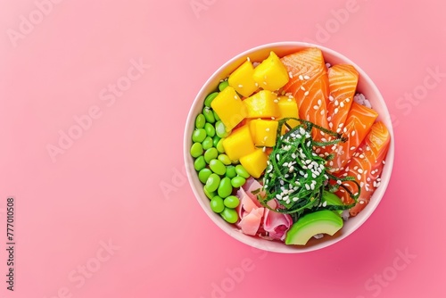 Hawaiian salmon poke bowl with colorful toppings.