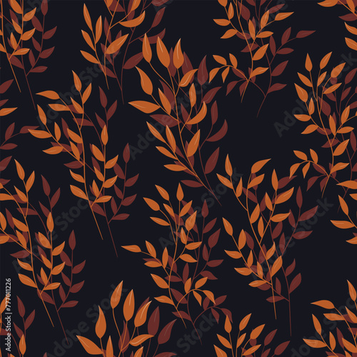Spring seamless color pattern with sprigs. Vector stock illustration for fabric, textile, wallpaper, posters, paper. Fashion print. Branch with leaves. Doodle style