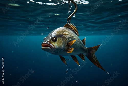 Close-up shot of fish and fish hook underwater, pond or river. Fishing advertising background, illustration. Good fishing concept. Copy ad text space