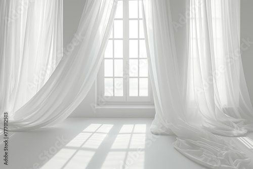 Bright white curtains fluttering by window